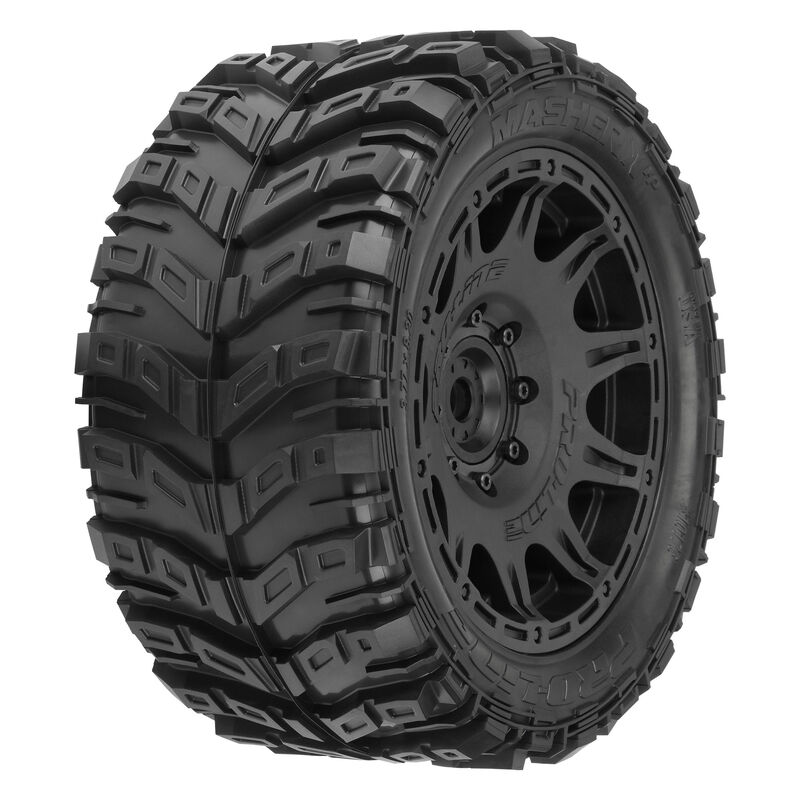 1/6 Masher X HP BELTED Front/Rear 5.7” Tires Mounted on Raid 8x48 Removable 24mm Hex Wheels (2): Black