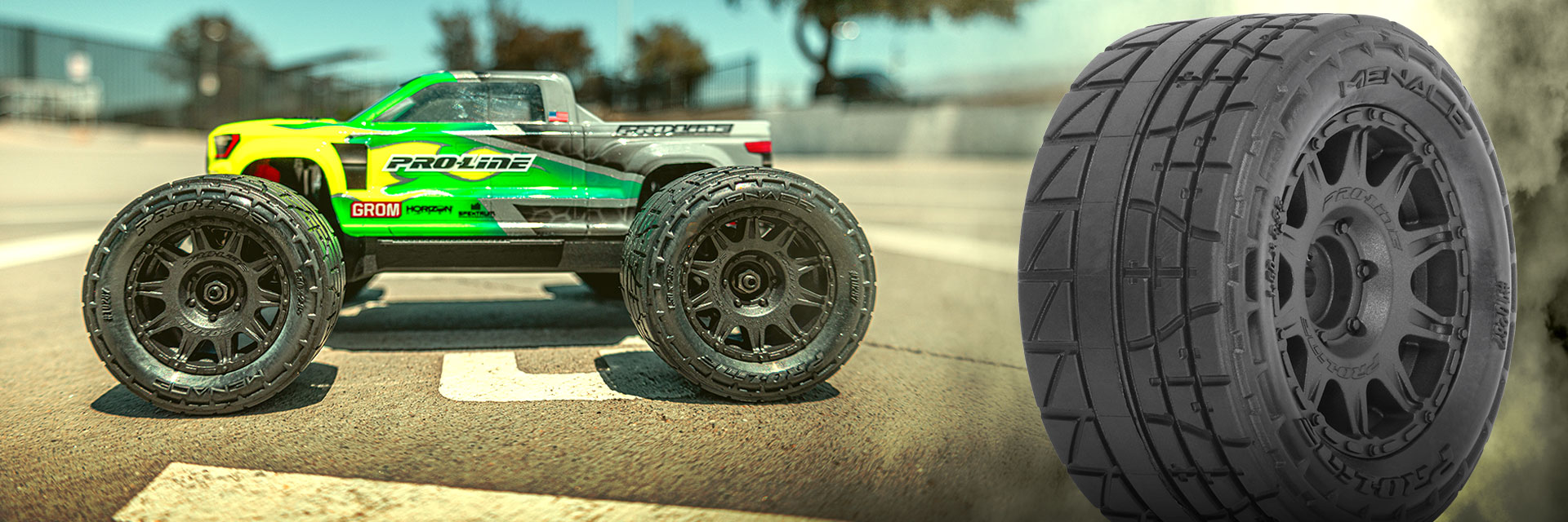 Shop Menace 1.85 Inch Street Tires Mounted on Raid Black Wheels for ARRMA® Granite™ GROM Front and Rear