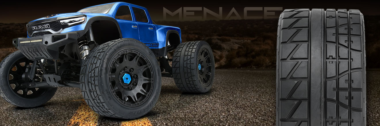 Menace HP Street BELTED Tires Mounted on Raid 5.7 Black Wheels